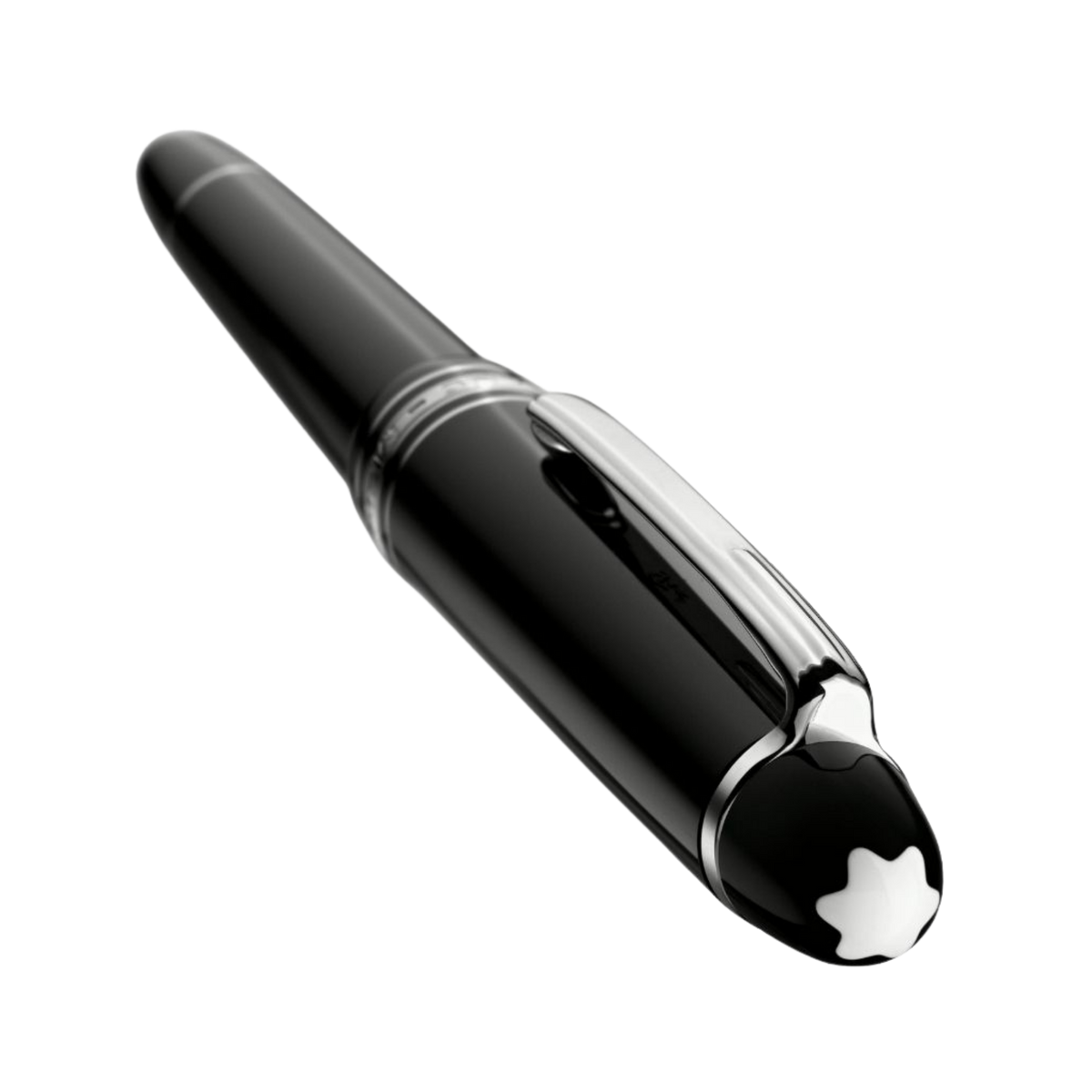 Cap detail of the Montblanc Meisterstück Platinum-Coated LeGrand fountain pen featuring the iconic Montblanc white star emblem and platinum-coated clip.