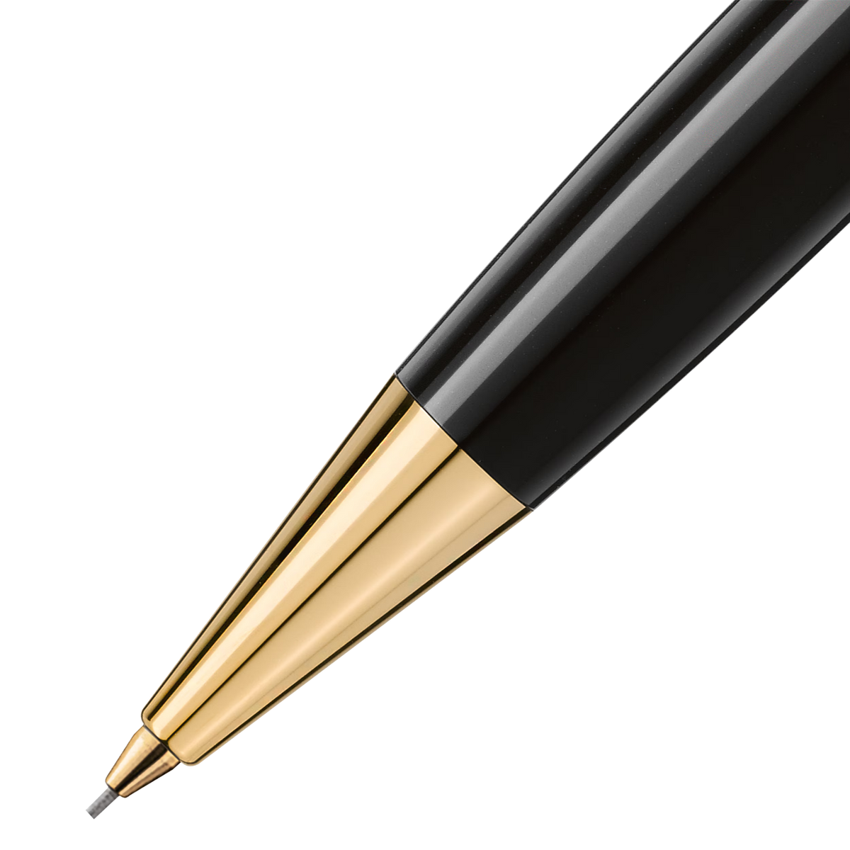 Close-up of the 0.7mm precision tip on the Montblanc Meisterstück Gold-Coated Classique mechanical pencil.