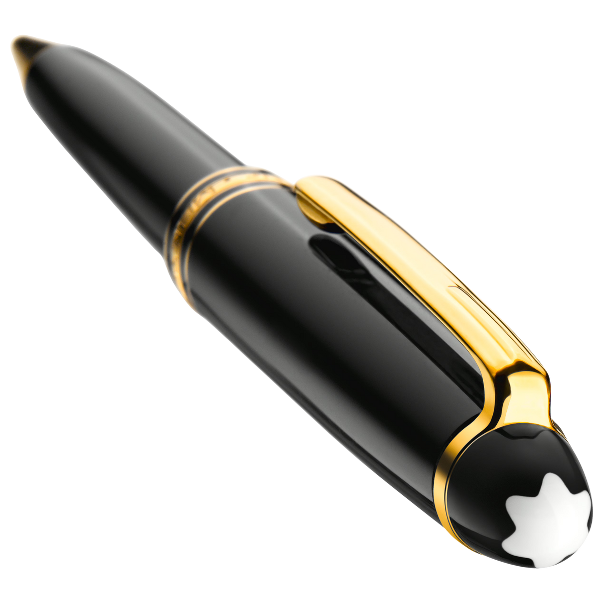 Cap detail of the Montblanc Meisterstück Gold-Coated Classique 0.7mm mechanical pencil featuring the iconic Montblanc white star emblem and gold-coated clip.