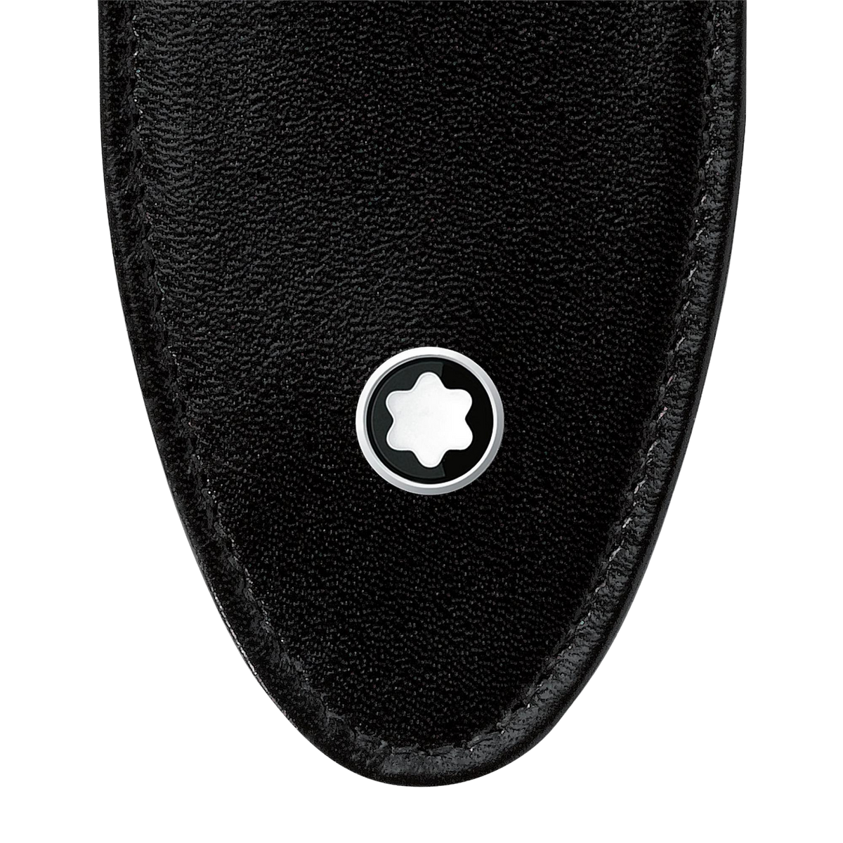 Close-up of the Montblanc emblem on the Meisterstück black leather single pen pouch.