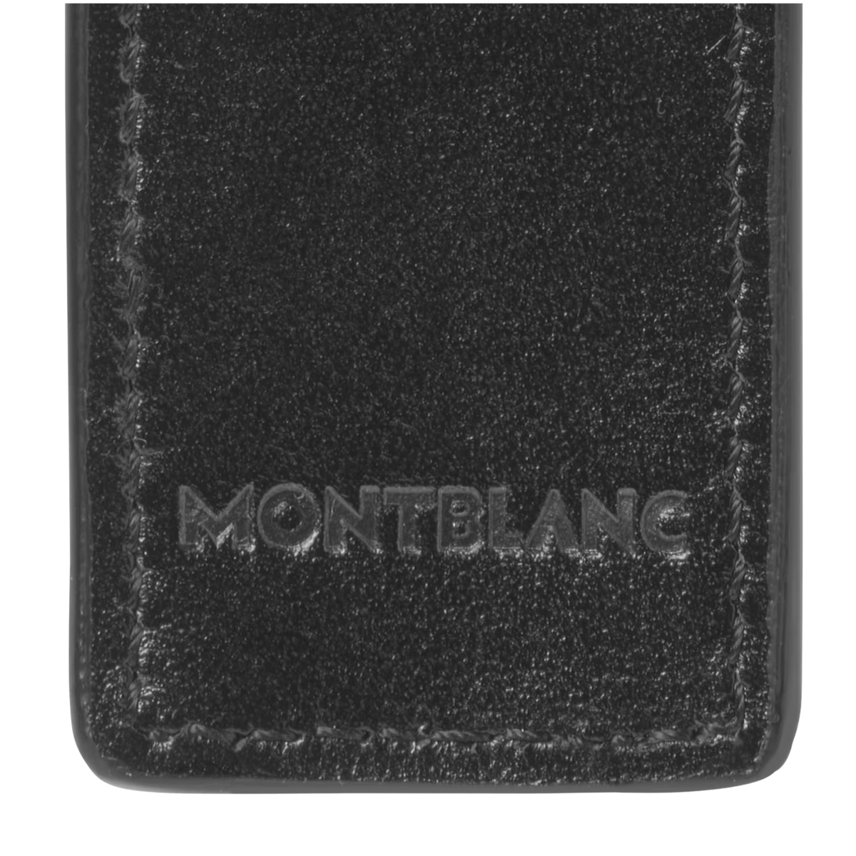Close-up of the embossed Montblanc logo on the black leather Envelope 1 Pen Pouch.