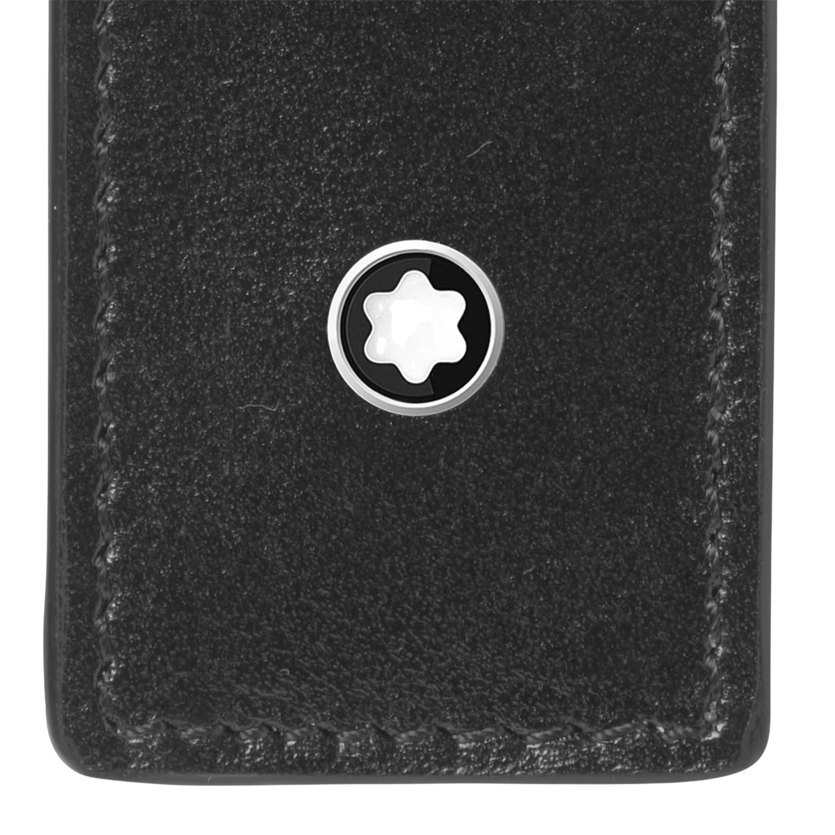 Close-up of the iconic Montblanc emblem on the Envelope 1 Pen Pouch in black leather.