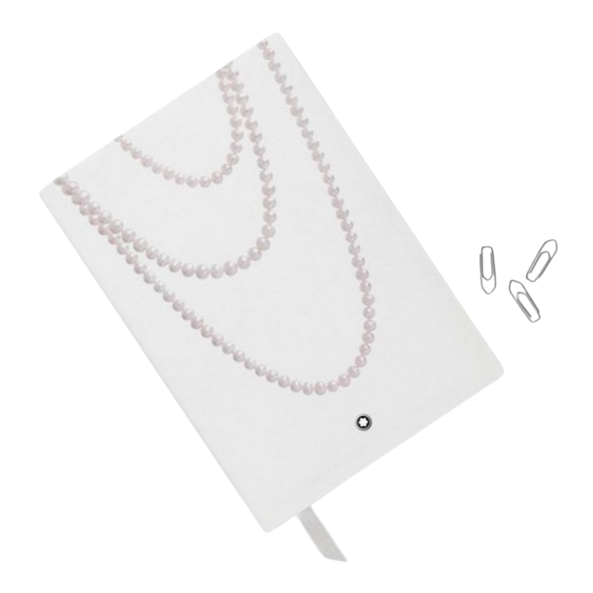 Angled view of the Montblanc Notebook 146 Ladies Edition Pearl White featuring a pearl-inspired design.