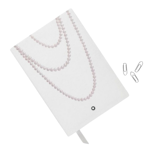Angled view of the Montblanc Notebook 146 Ladies Edition Pearl White featuring a pearl-inspired design.