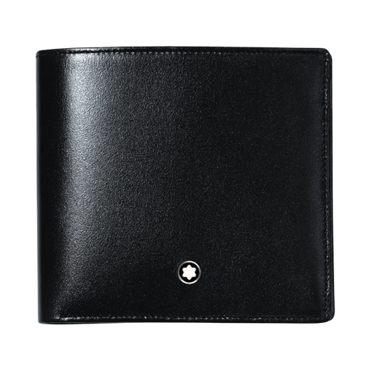 Montblanc Meisterstück black leather wallet with smooth calfskin and iconic Montblanc emblem.