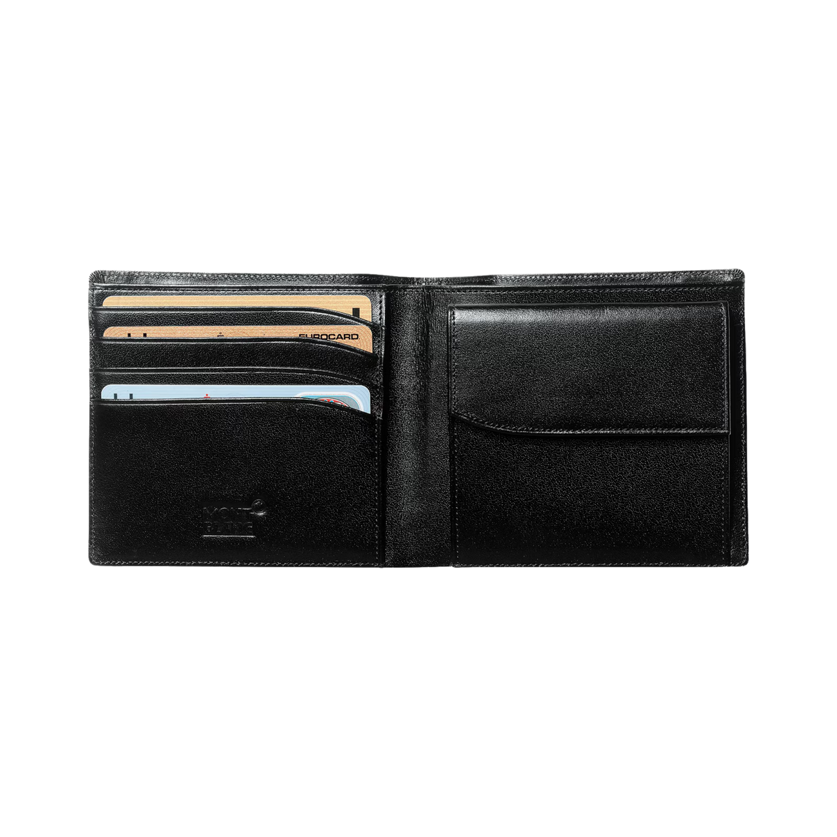 Interior of the Montblanc Meisterstück black leather wallet featuring card slots and bill compartment.