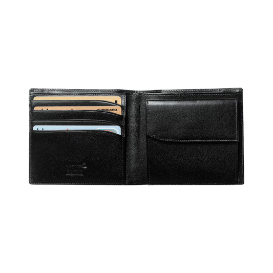 Interior of the Montblanc Meisterstück black leather wallet featuring card slots and bill compartment.