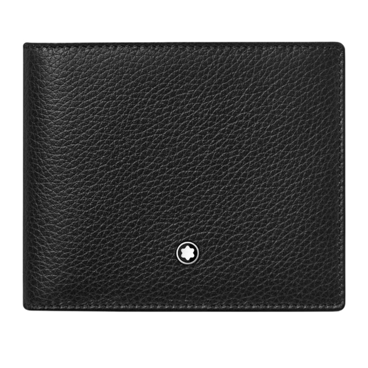 Montblanc Meisterstück Soft Grain black leather wallet with full-grain textured leather and Montblanc emblem.