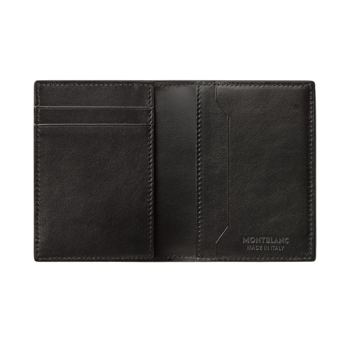 Open Montblanc black leather card holder showing card slots and central compartment.