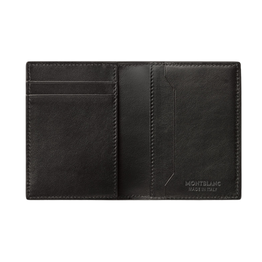 Open Montblanc black leather card holder showing card slots and central compartment.