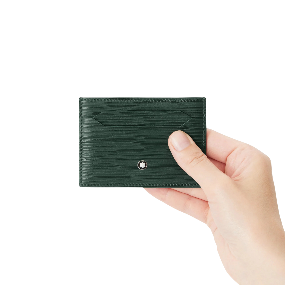 The Montblanc Meisterstück 4810 5CC Card Holder British Green Leather in a hand 