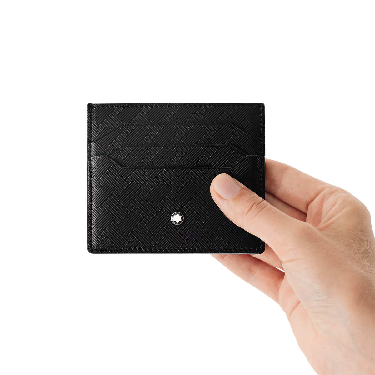 Hand holding the Montblanc Extreme 3.0 6CC Card Holder Black Leather