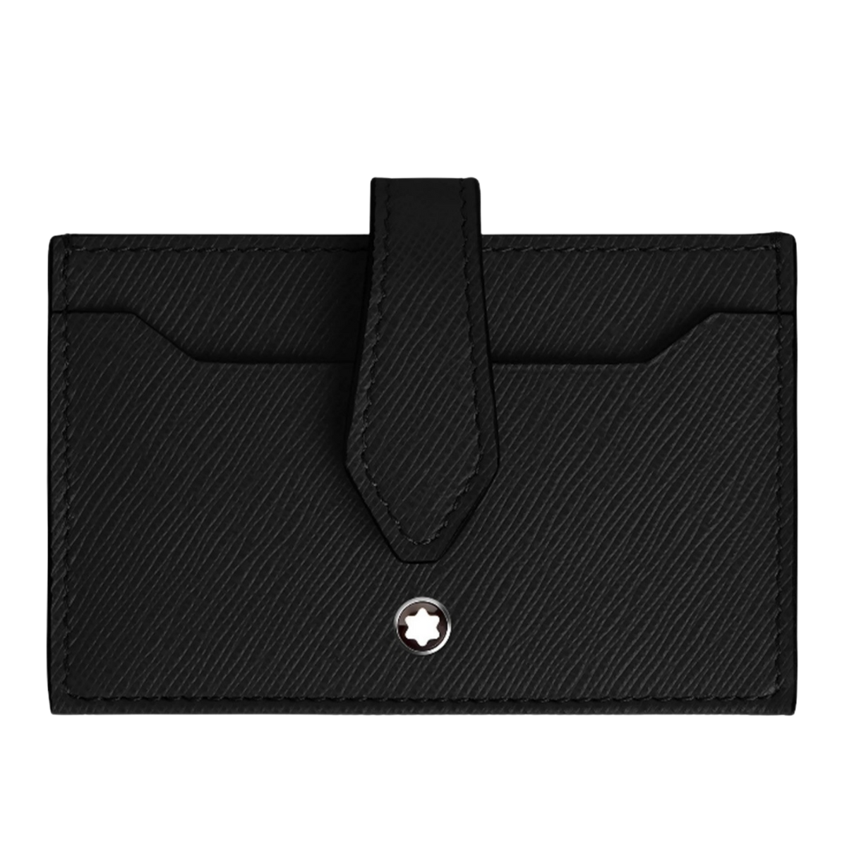 Montblanc Sartorial 5CC Card Holder crafted from black Saffiano-embossed leather with signature Montblanc emblem and press-stud closure