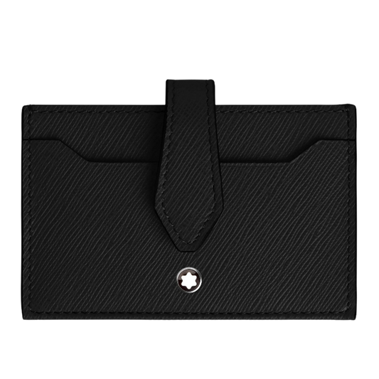 Montblanc Sartorial 5CC Card Holder crafted from black Saffiano-embossed leather with signature Montblanc emblem and press-stud closure