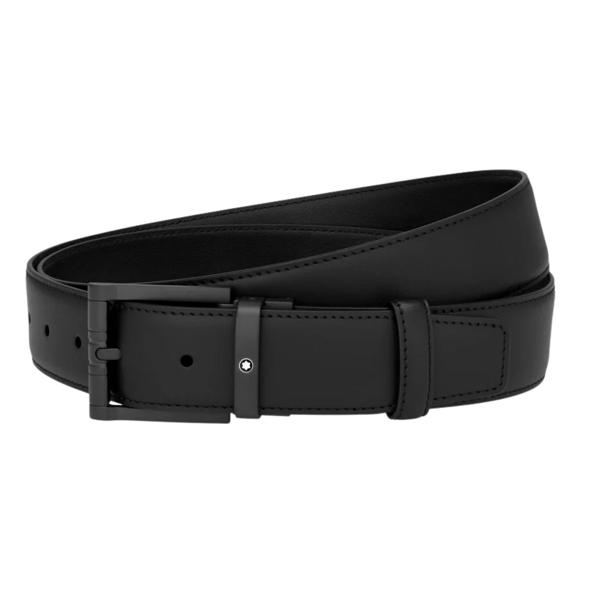 Montblanc Casual Leather Belt crafted in smooth black leather with a squared matte black PVD pin buckle and signature emblem