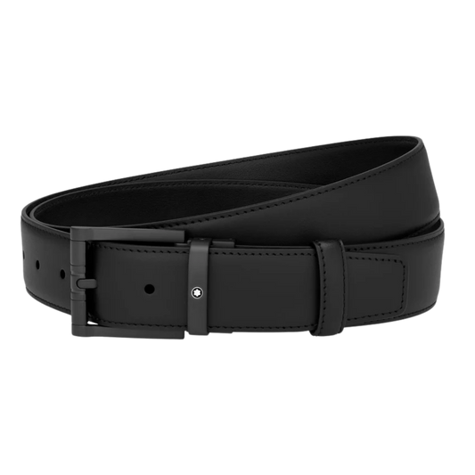 Montblanc Casual Leather Belt crafted in smooth black leather with a squared matte black PVD pin buckle and signature emblem