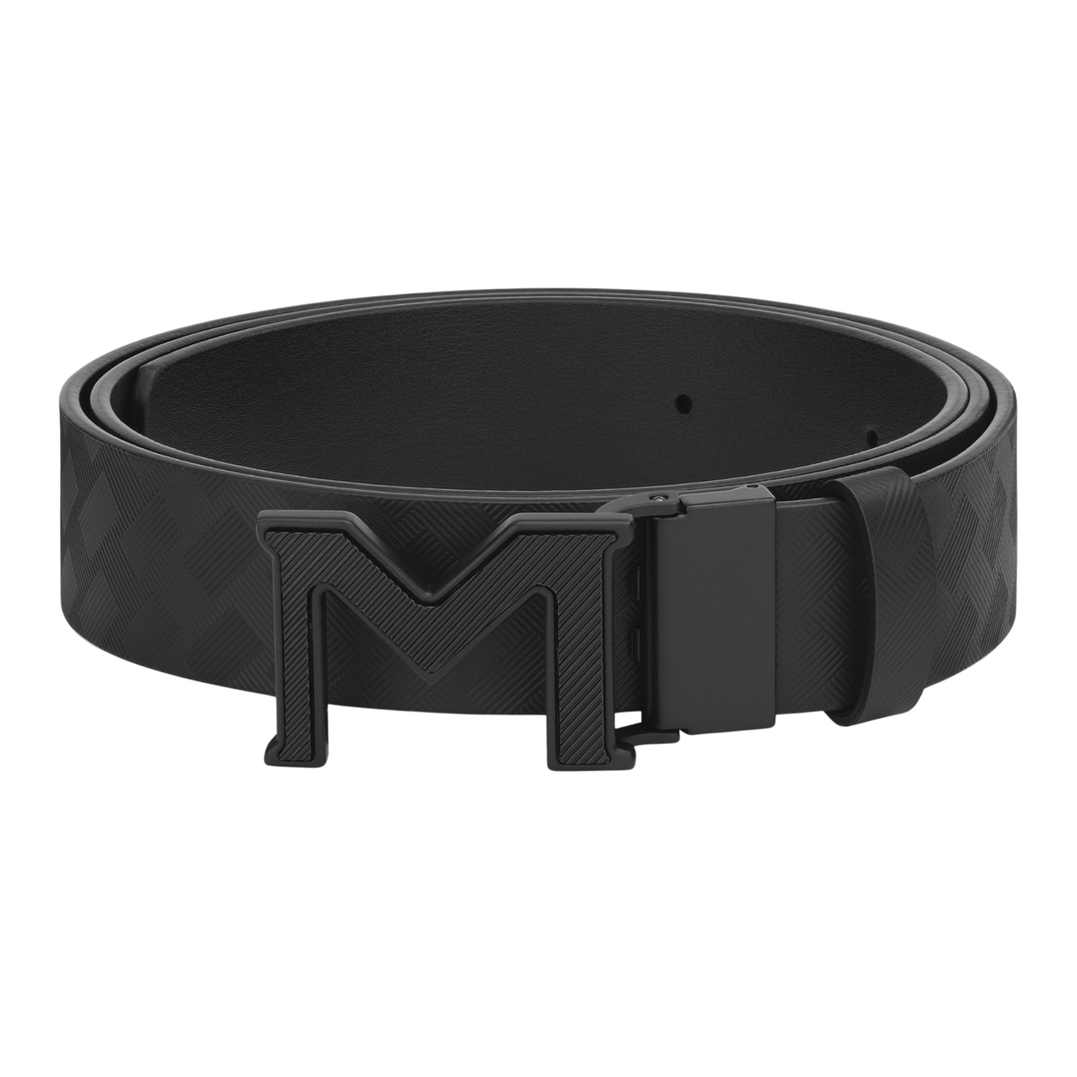 Montblanc Extreme 3.0 reversible black leather belt with signature embossed motif, smooth reverse and black M-shaped buckle