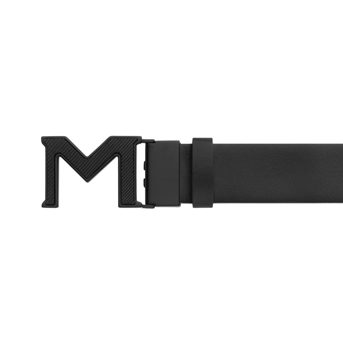 Montblanc M Buckle Extreme 3.0 35mm leather belt featuring a reversible black design and distinctive black PVD-coated buckle