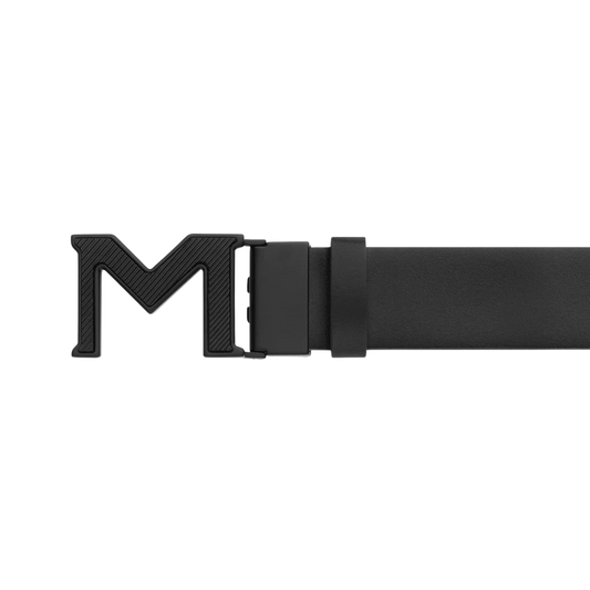 Montblanc M Buckle Extreme 3.0 35mm leather belt featuring a reversible black design and distinctive black PVD-coated buckle