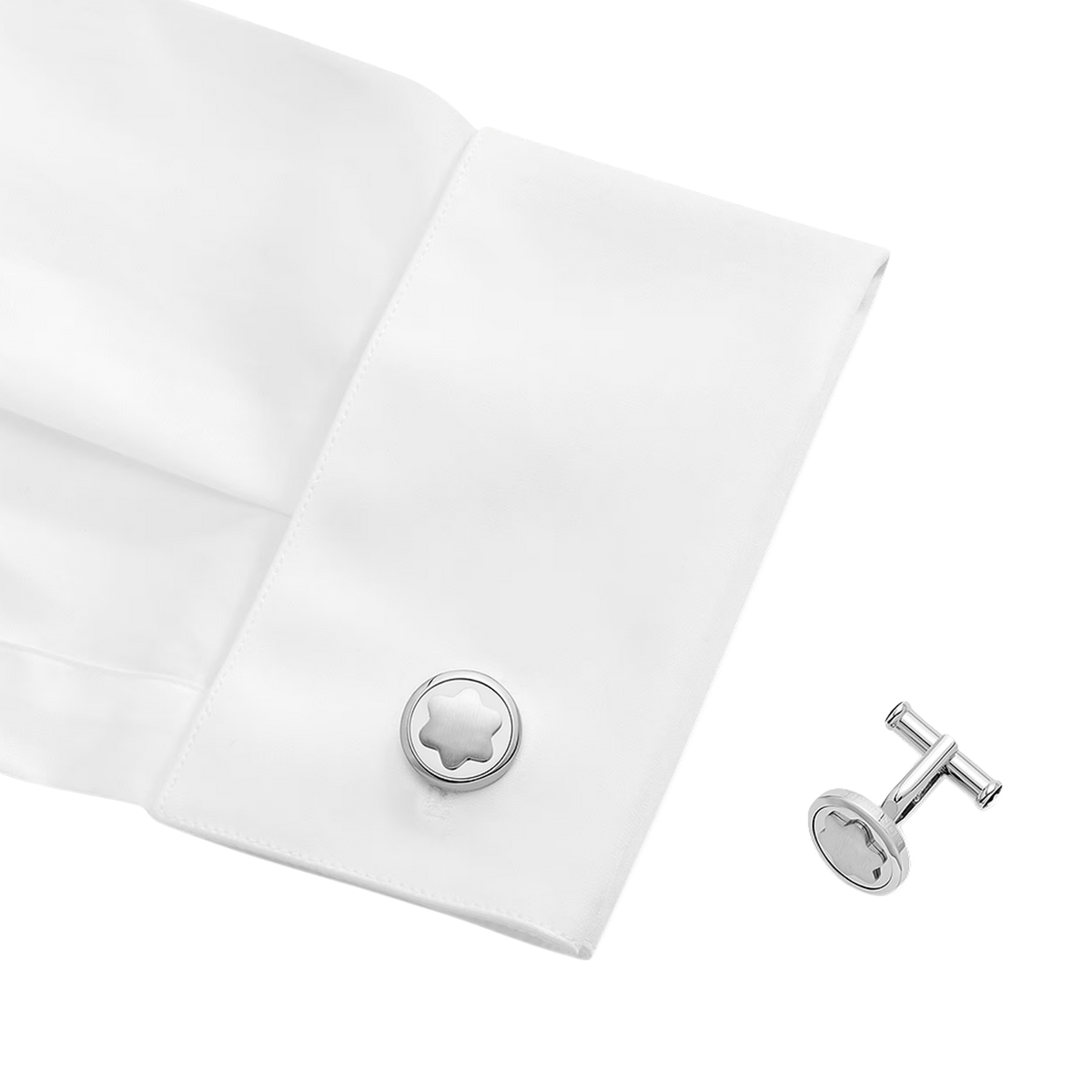 Montblanc Star Cufflinks with Resin Inlay Stainless Steel on a white shirt 
