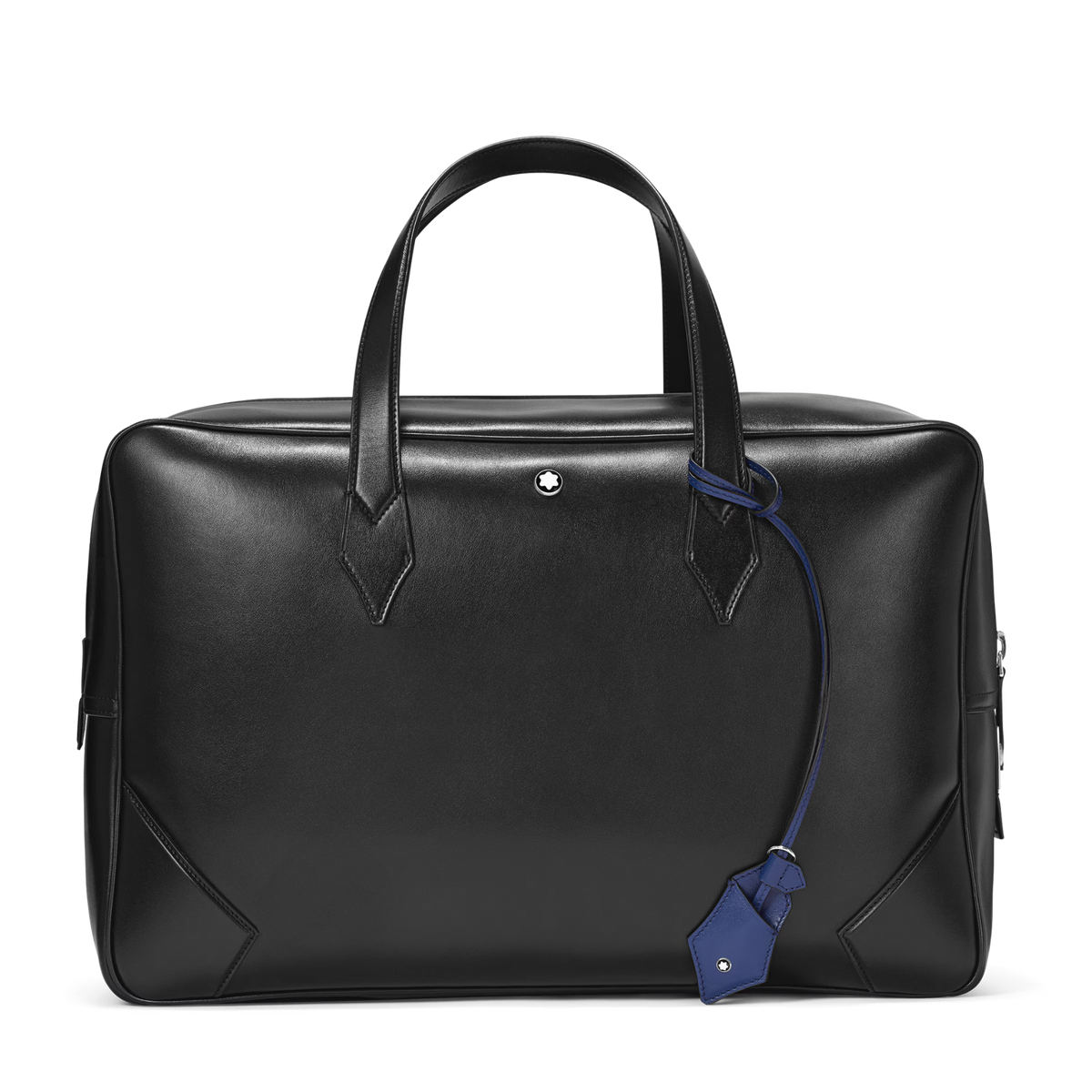 Montblanc Meisterstück 149 black leather bag with dual top handles and blue leather luggage tag.