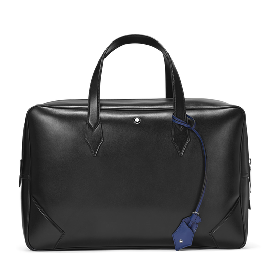 Montblanc Meisterstück 149 black leather bag with dual top handles and blue leather luggage tag.