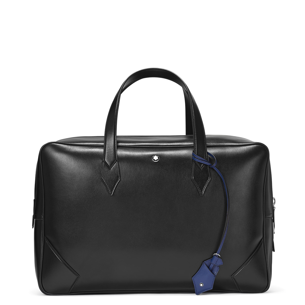 Montblanc Meisterstück 149 black leather bag with dual top handles and blue leather luggage tag.