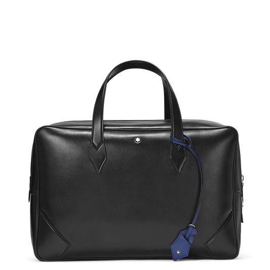 Montblanc Meisterstück 149 black leather bag with dual top handles and blue leather luggage tag.