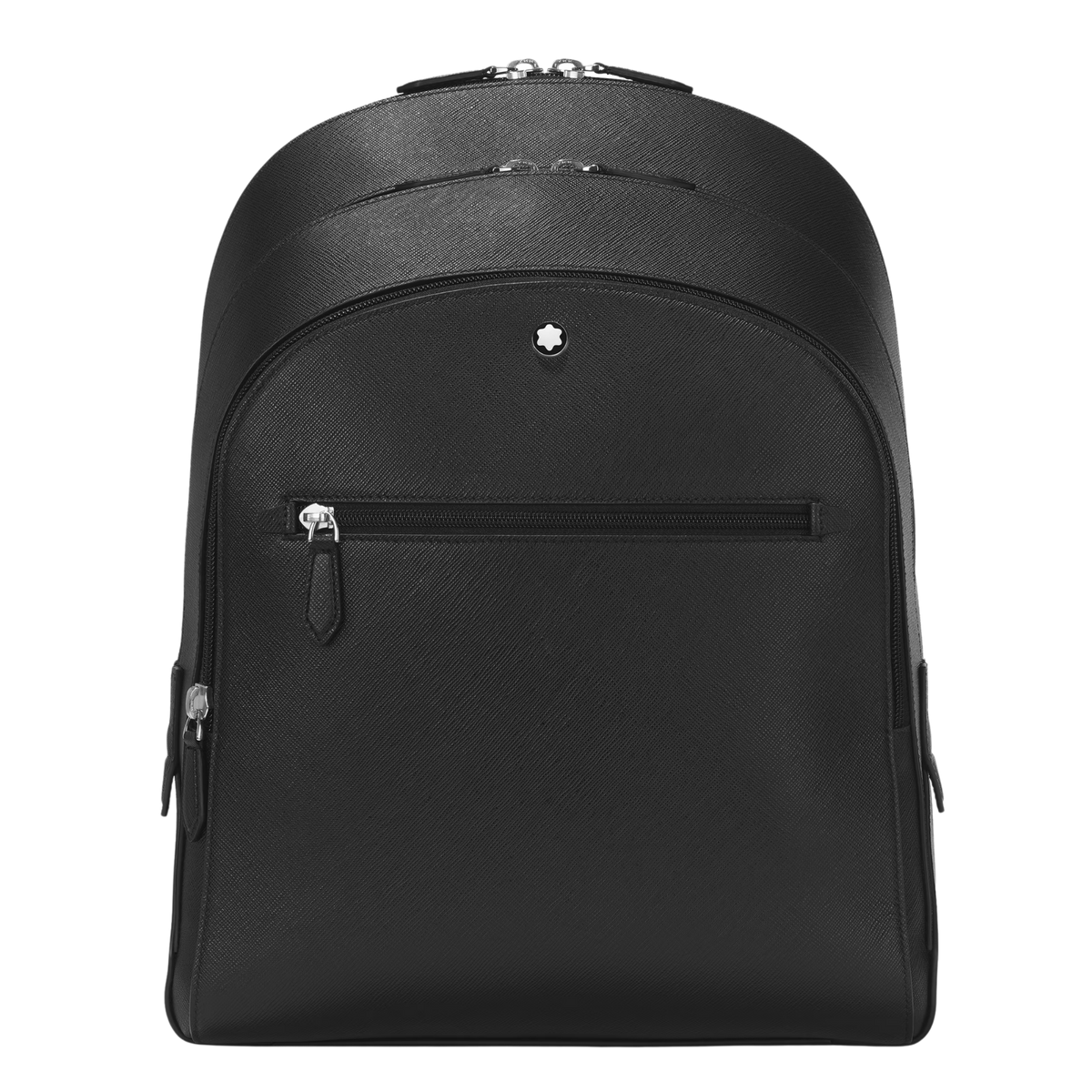 Montblanc Sartorial Medium Backpack in black leather featuring three compartments and a front zip pocket.