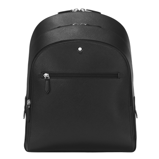 Montblanc Sartorial Medium Backpack in black leather featuring three compartments and a front zip pocket.