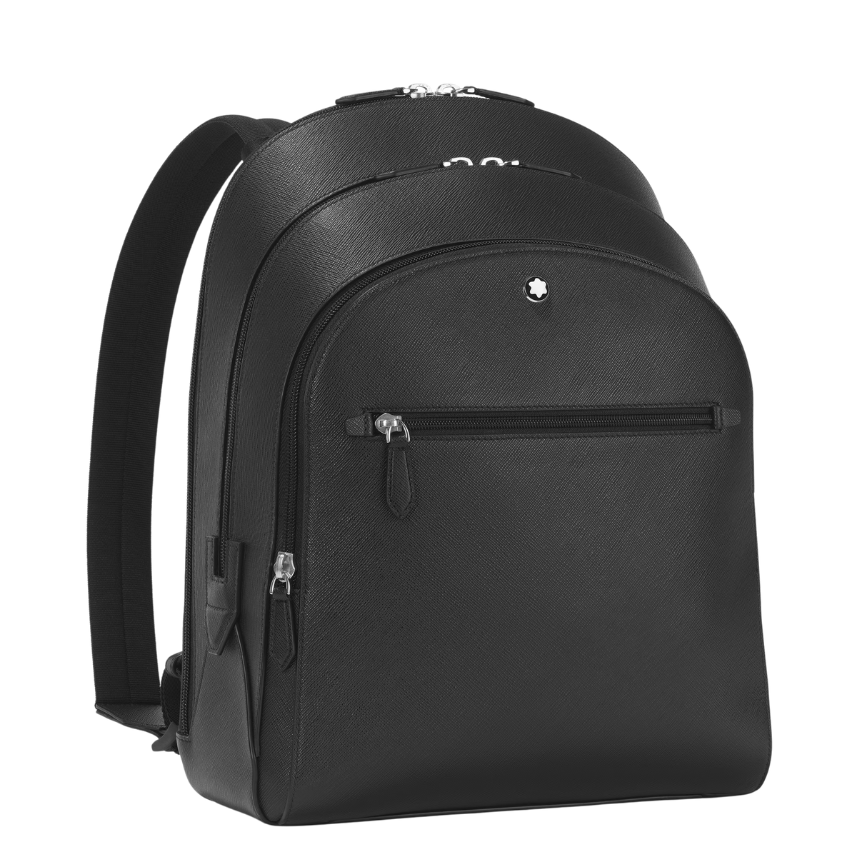 Montblanc Sartorial Medium Backpack in black leather featuring three compartments and a front zip pocket.