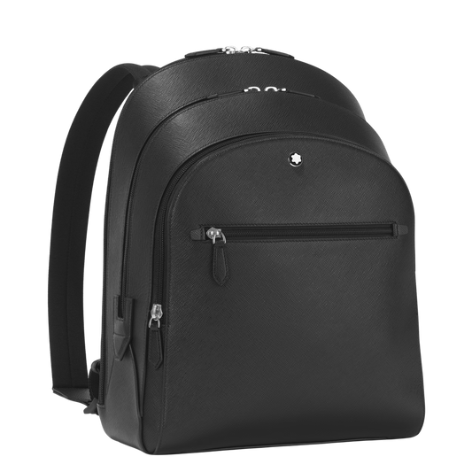 Montblanc Sartorial Medium Backpack in black leather featuring three compartments and a front zip pocket.
