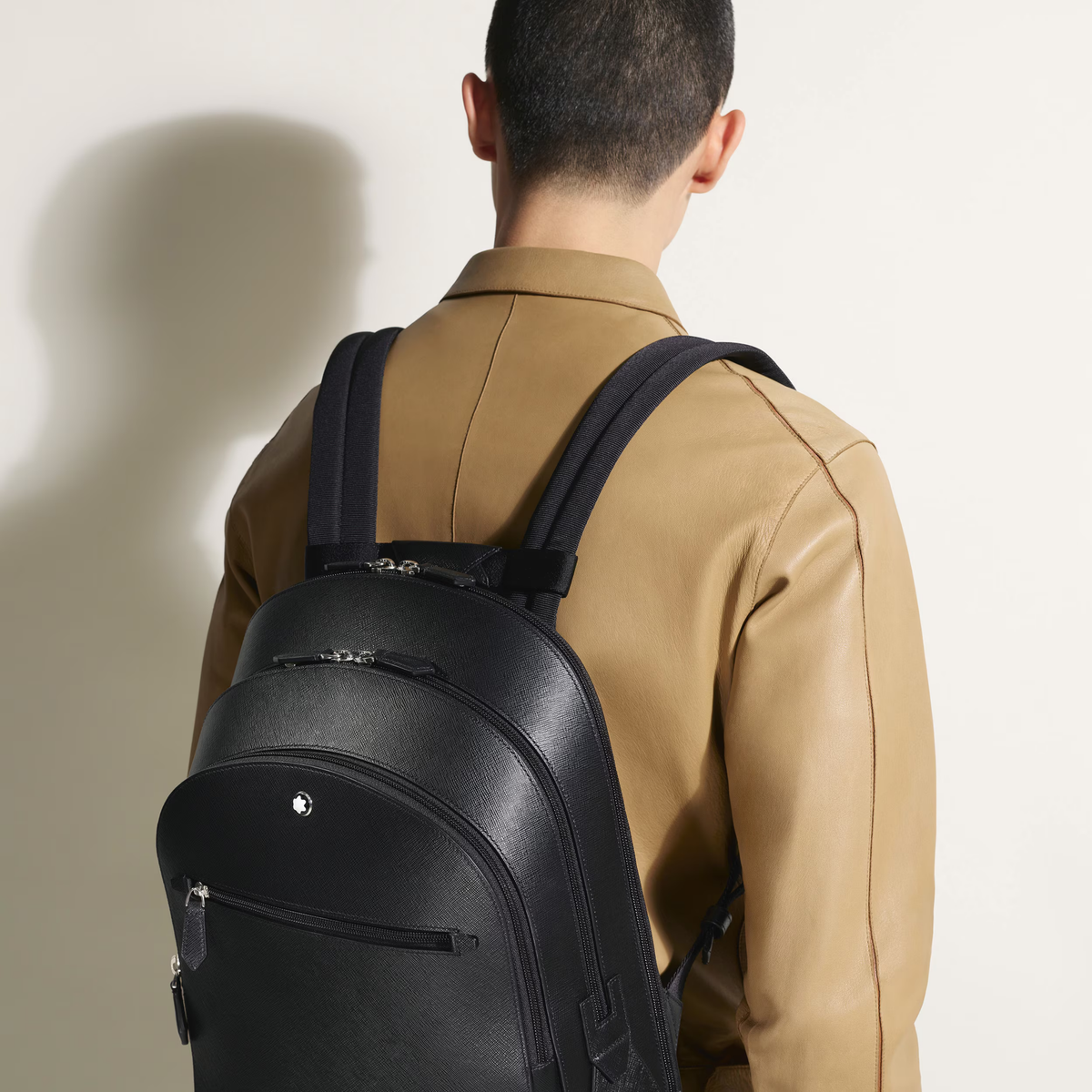 Montblanc Sartorial Medium Backpack worn on the back, demonstrating its comfortable everyday fit.