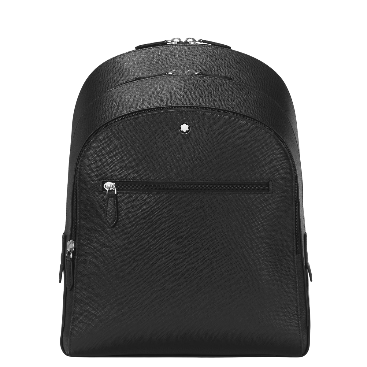Montblanc Sartorial Medium Backpack in black leather featuring three compartments and a front zip pocket.