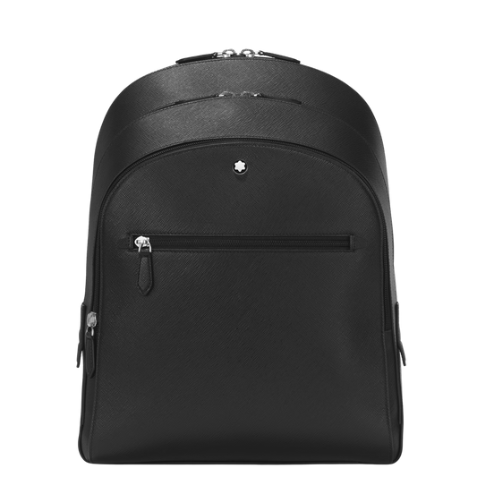 Montblanc Sartorial Medium Backpack in black leather featuring three compartments and a front zip pocket.