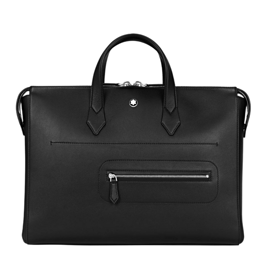 Montblanc Meisterstück Thin Document Case in black leather with dual top handles and zip closure.