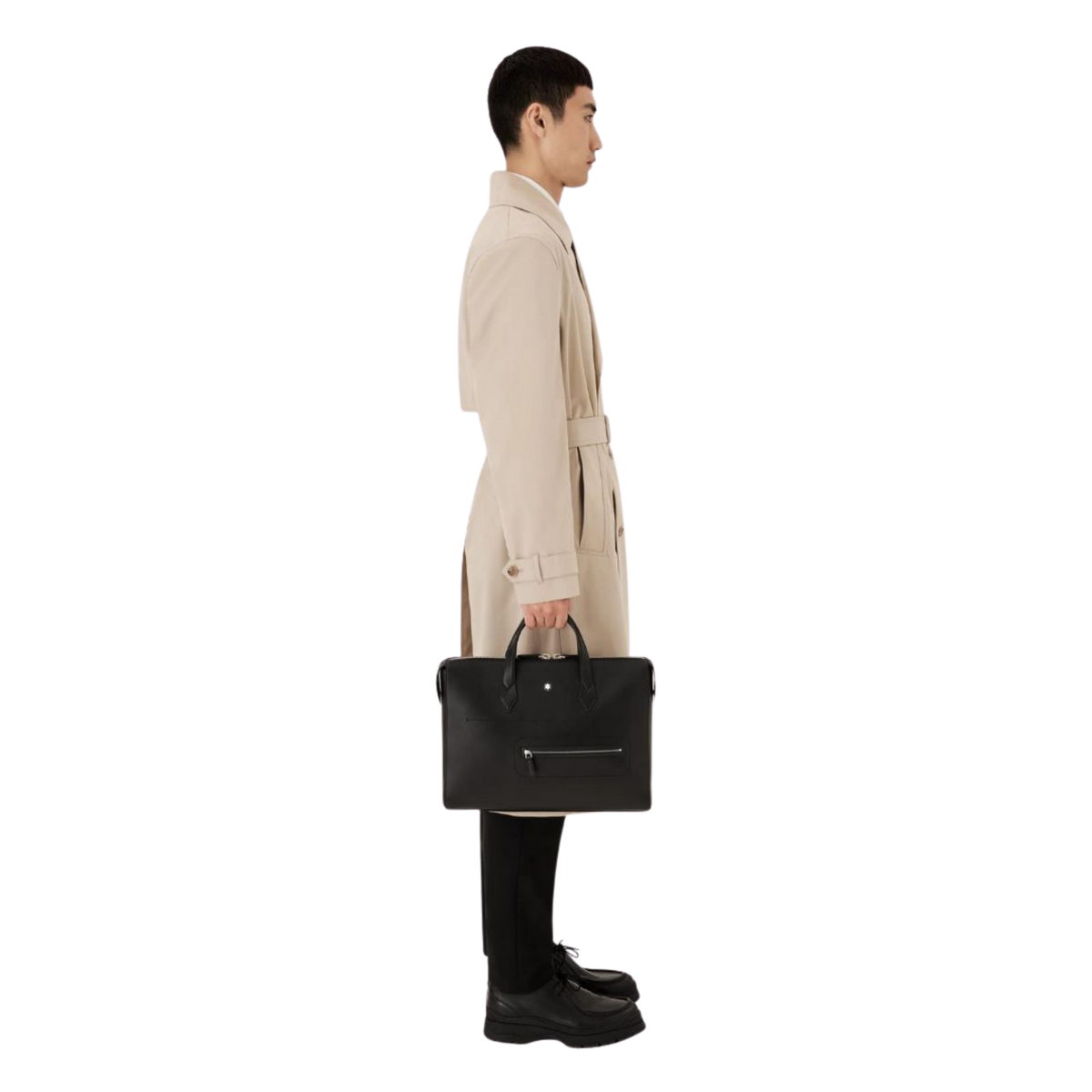 Model carrying the Montblanc Meisterstück Thin Document Case in black leather.