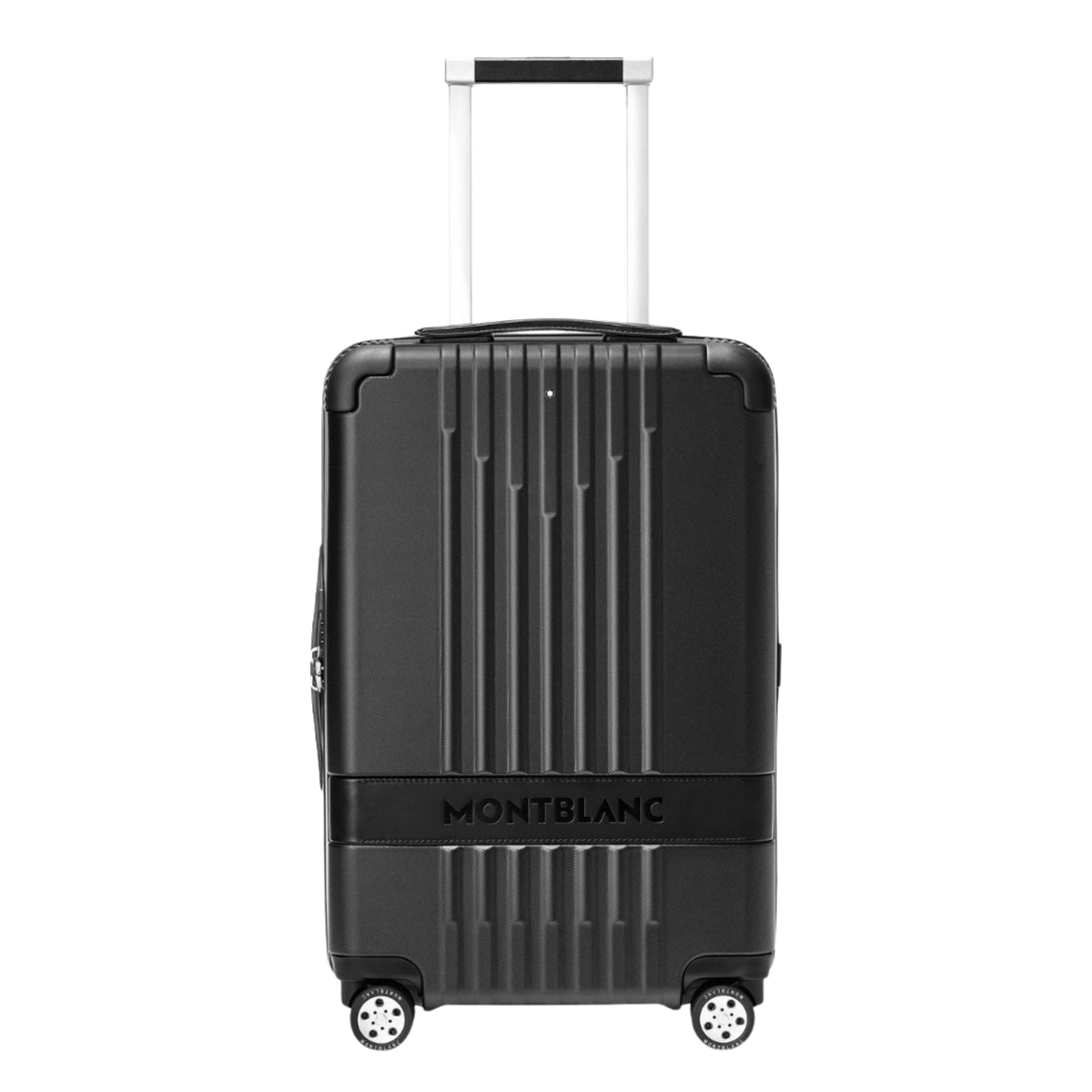 Montblanc MY4810 Cabin Trolley, crafted from lightweight black polycarbonate with leather detailing, four wheels and smart interior organisation for modern travel.
