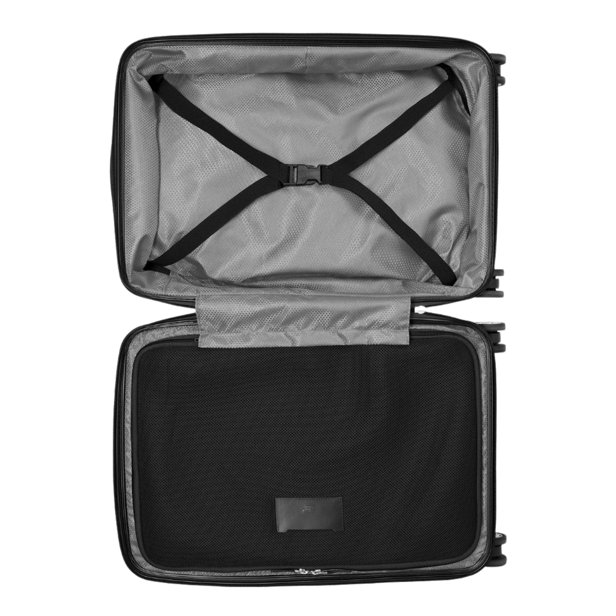Open Montblanc MY4810 Cabin Trolley featuring organised interior compartments and packing straps.
