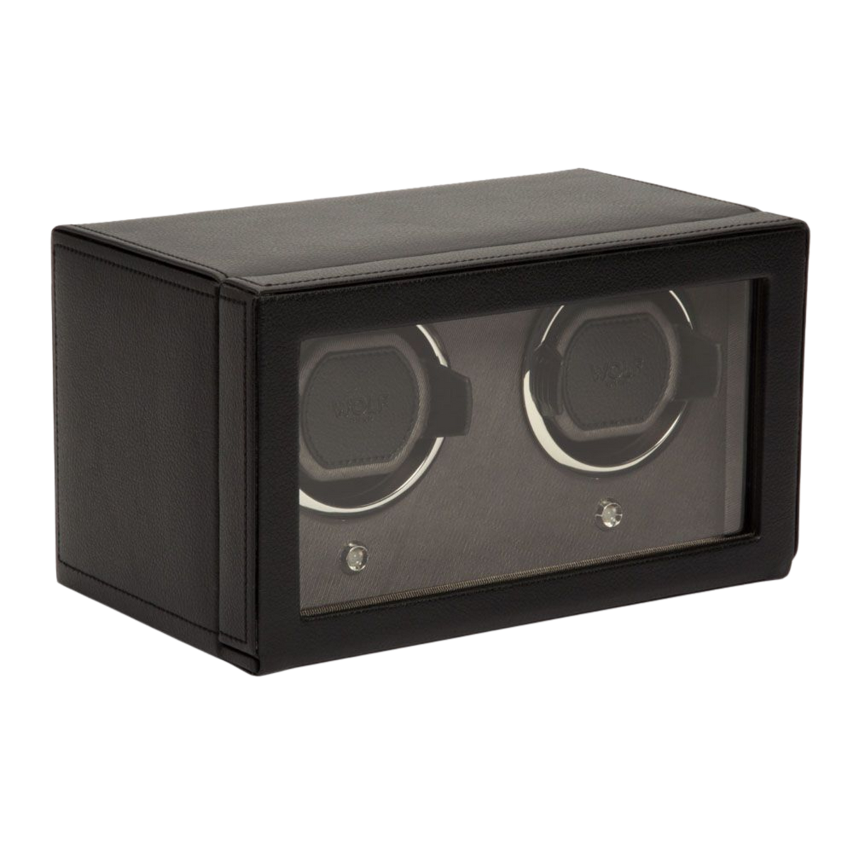 WOLF Double Cub Watch Winder in black vegan leather, featuring dual winding modules and a protective cover designed to keep automatic watches running accurately between wears.