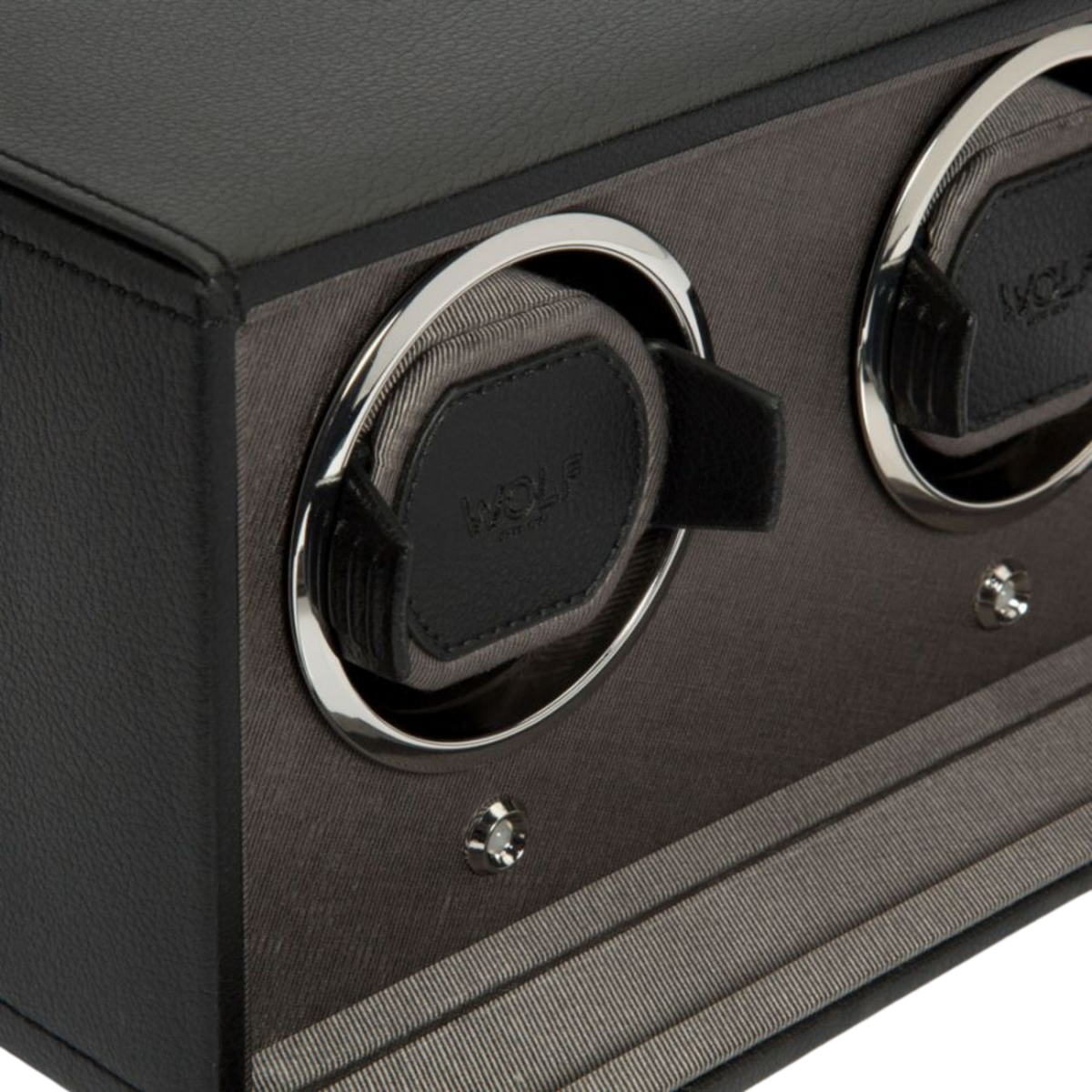 Luxury double watch winder from WOLF 1834, showcasing a sleek black finish, chrome hardware and advanced winding technology for storing and maintaining automatic timepieces.