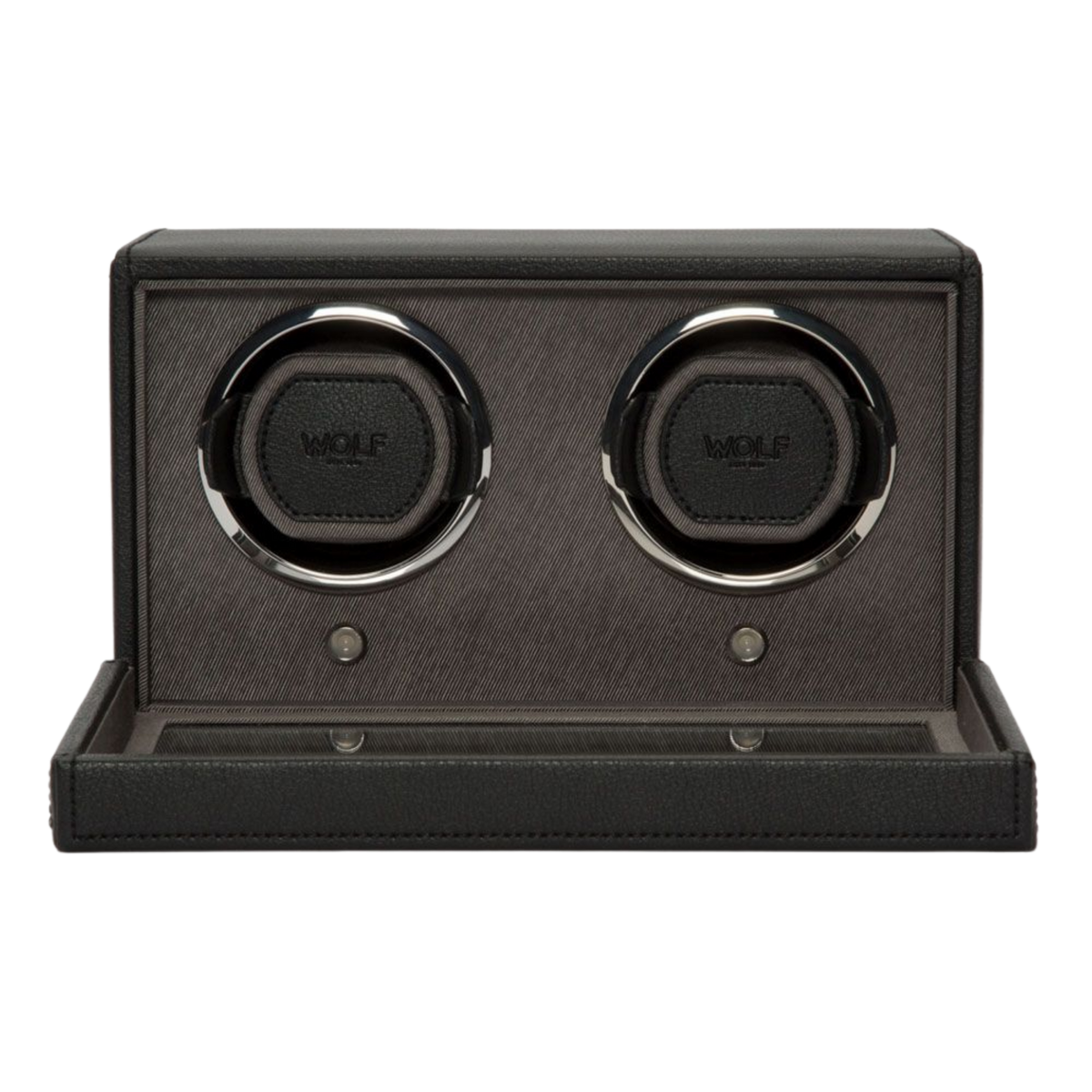 Black WOLF Cub Double Watch Winder with cover, crafted for collectors who want secure storage and reliable winding performance for two automatic watches.