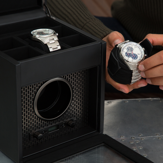 Crafted from premium vegan leather, the Wolf Double Cub Winder offers a refined storage solution for luxury watches, with a protective cover and signature hexagonal design that looks sophisticated in any home, office, or dressing room.