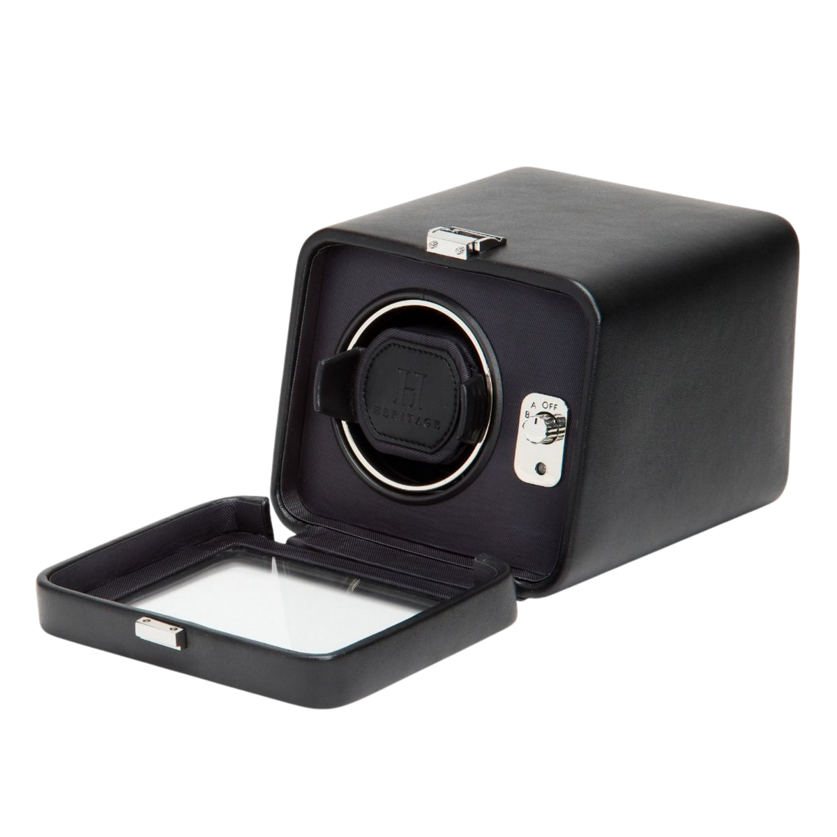 WOLF Windsor Single Watch Winder in black, featuring a sleek vegan leather finish, protective cover and advanced winding technology for automatic luxury watches.
