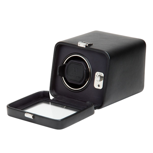 WOLF Windsor Single Watch Winder in black, featuring a sleek vegan leather finish, protective cover and advanced winding technology for automatic luxury watches.