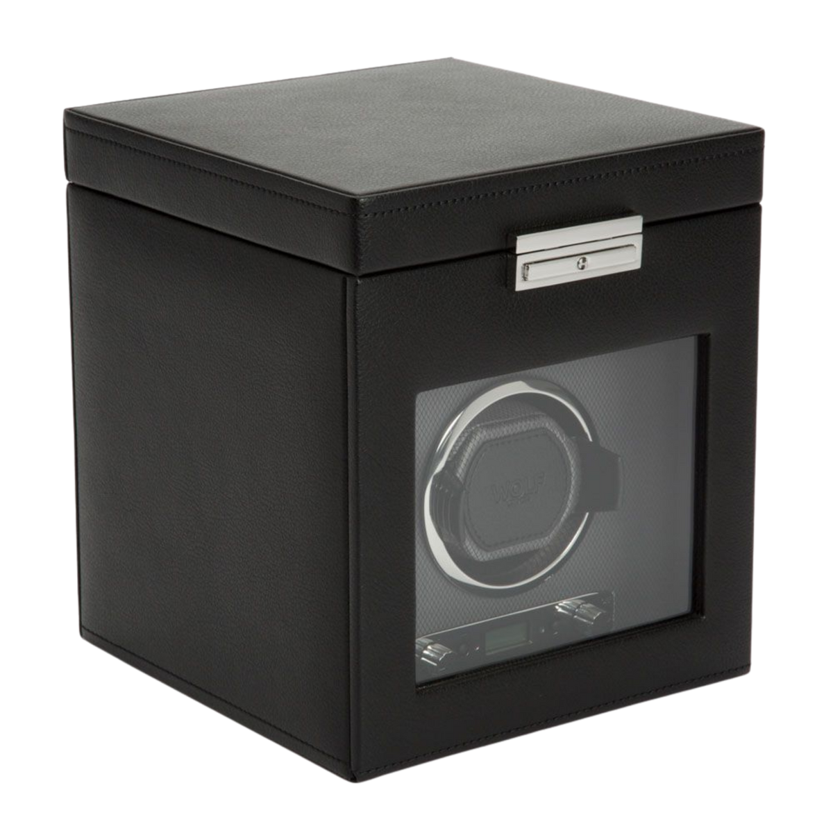 WOLF Single Watch Winder with Storage in black, featuring a premium vegan leather finish, precision winding technology and dedicated storage for additional timepieces.