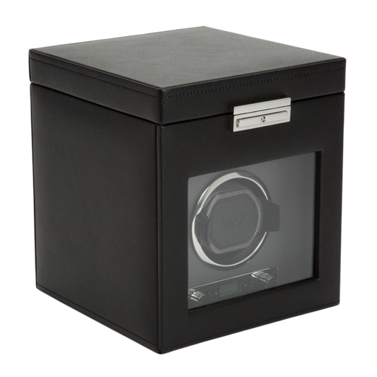 WOLF Single Watch Winder with Storage in black, featuring a premium vegan leather finish, precision winding technology and dedicated storage for additional timepieces.