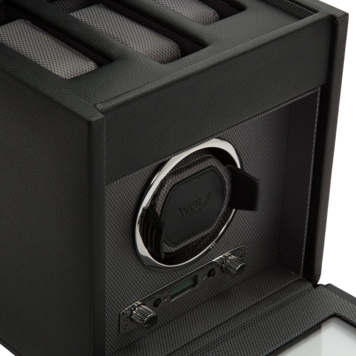 Luxury black watch winder from WOLF 1834 with integrated watch storage, designed to keep automatic watches wound, protected and ready to wear.