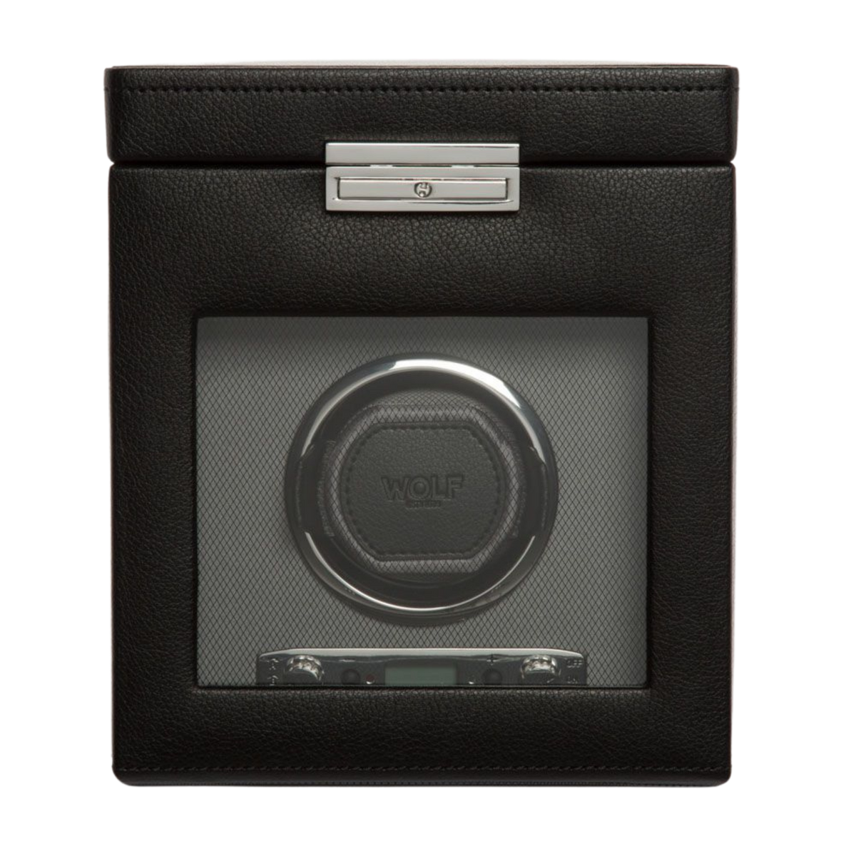 Elegant single watch winder with storage compartment, showcasing WOLF’s patented winding system, refined craftsmanship and contemporary black design.