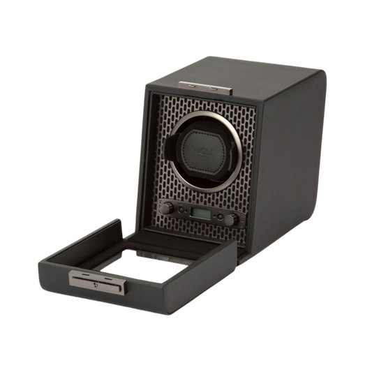 WOLF Axis Single Watch Winder in powder-coated black, featuring a bold architectural design, precision winding technology and premium protection for automatic luxury watches.